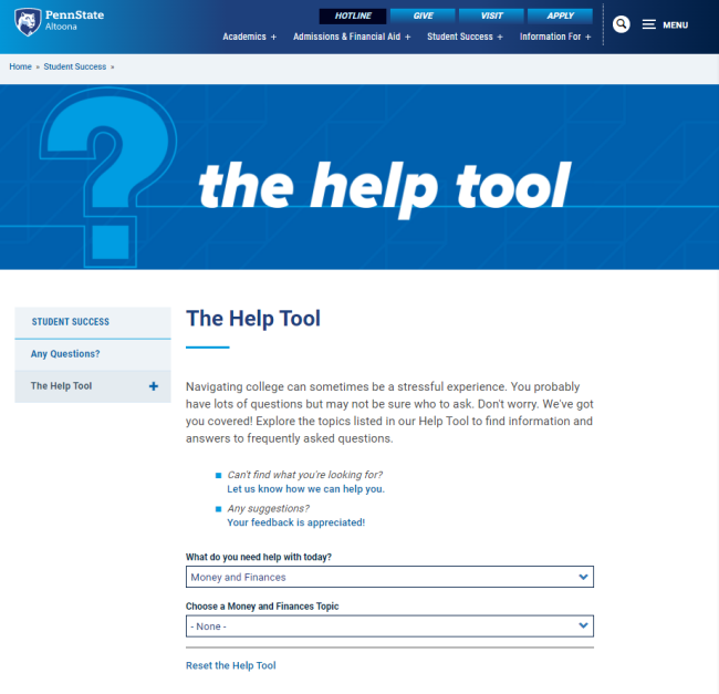A screenshot of Penn State Altoona's interactive web tool